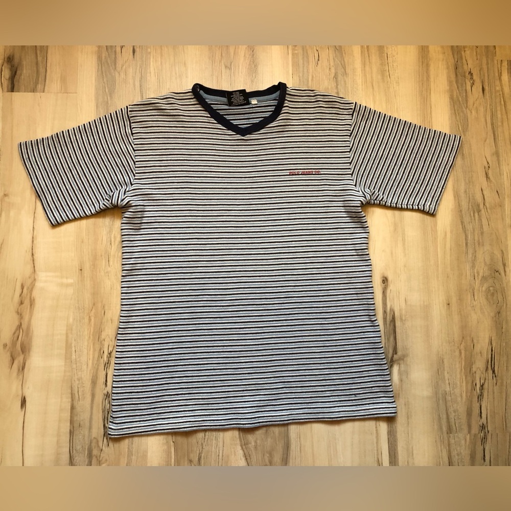 Polo Jeans Co. Ralph Lauren Vintage V-Neck Tee White Navy Stripes 100% Cotton